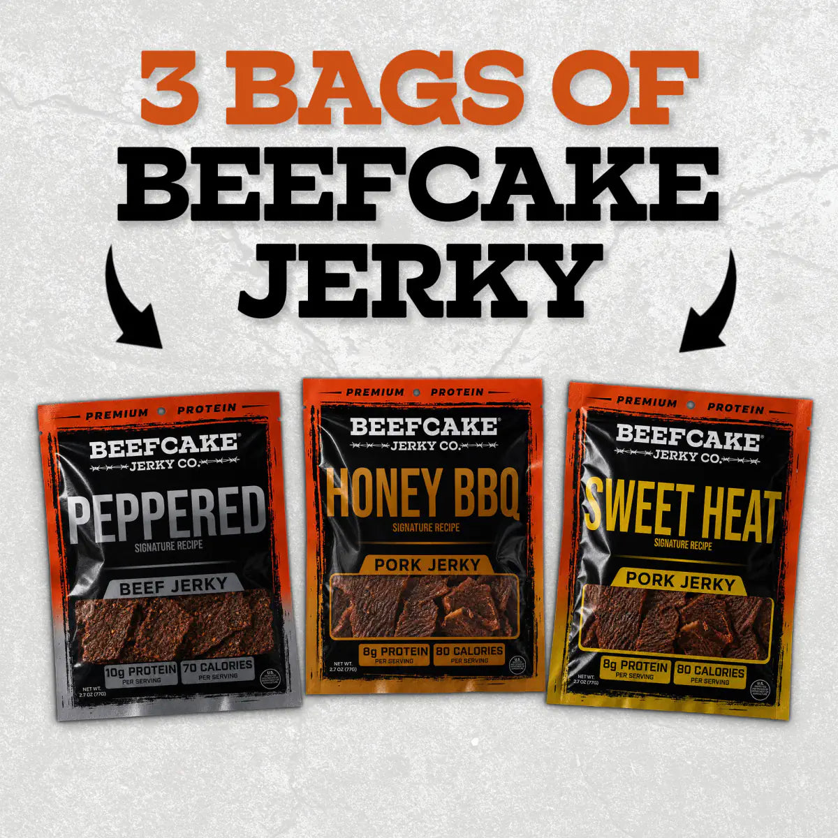 Three full-size Beefcake jerky bags: Peppered Beef, Honey BBQ Pork and Sweet Heat Pork